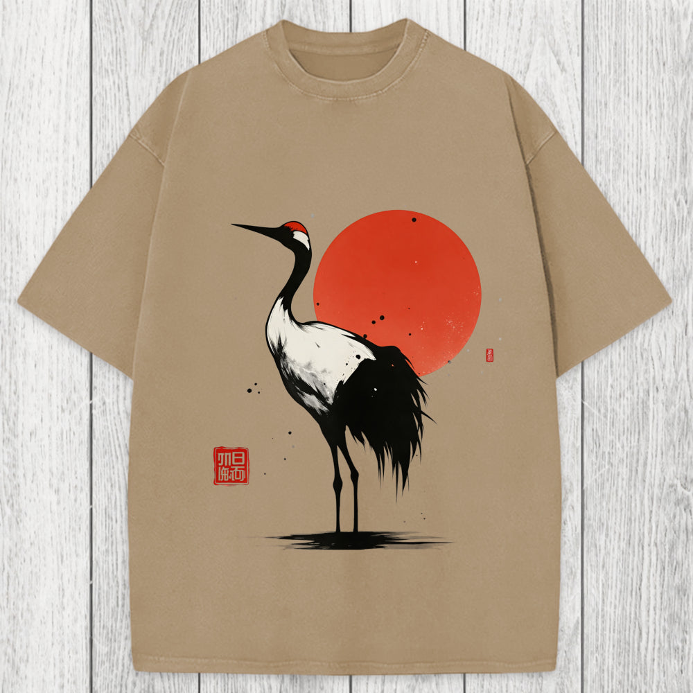 Tokyosol Retro Japanese Red-crowned Crane Washed T-Shirt