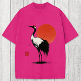 Tokyosol Retro Japanese Red-crowned Crane Washed T-Shirt