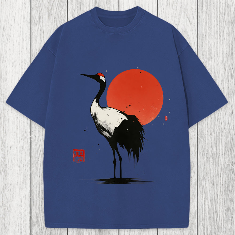 Tokyosol Retro Japanese Red-crowned Crane Washed T-Shirt