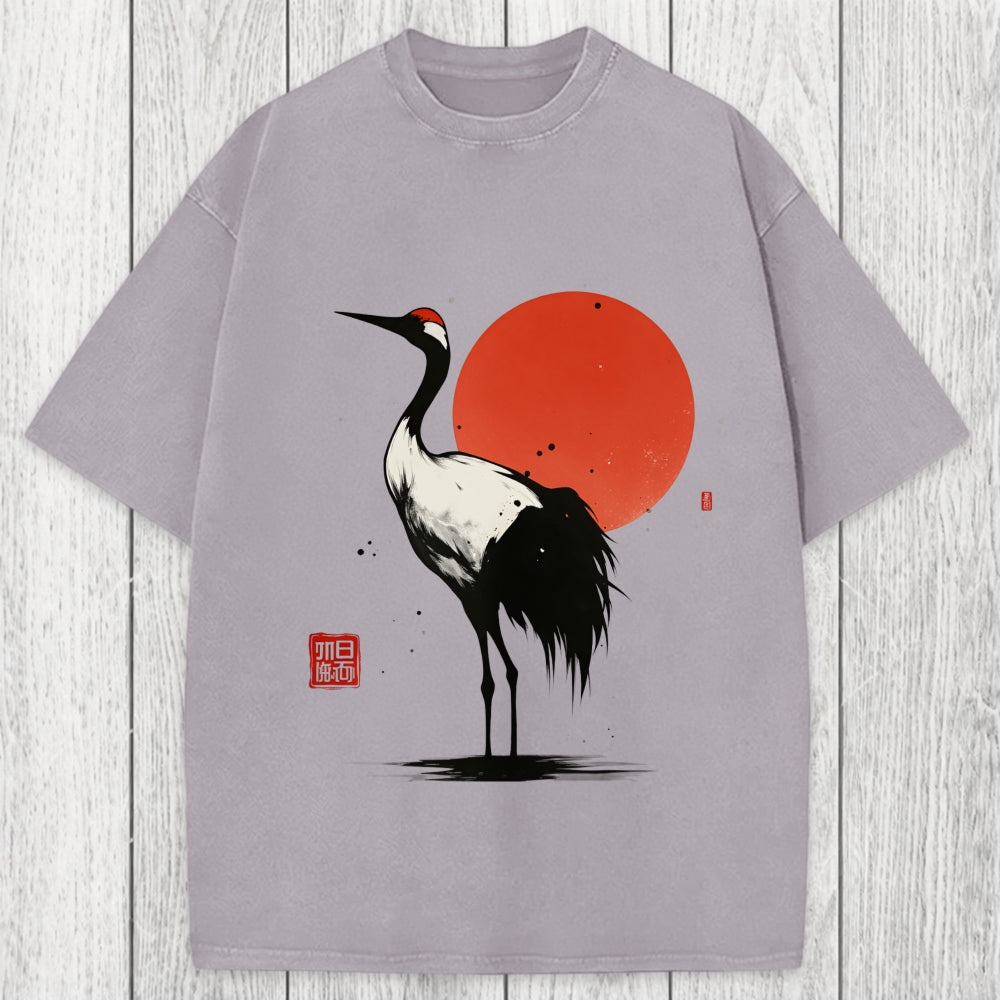 Tokyosol Retro Japanese Red-crowned Crane Washed T-Shirt