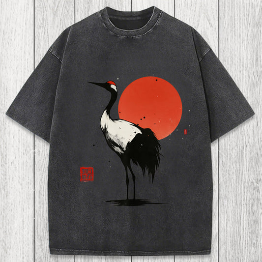 Tokyosol Retro Japanese Red-crowned Crane Washed T-Shirt