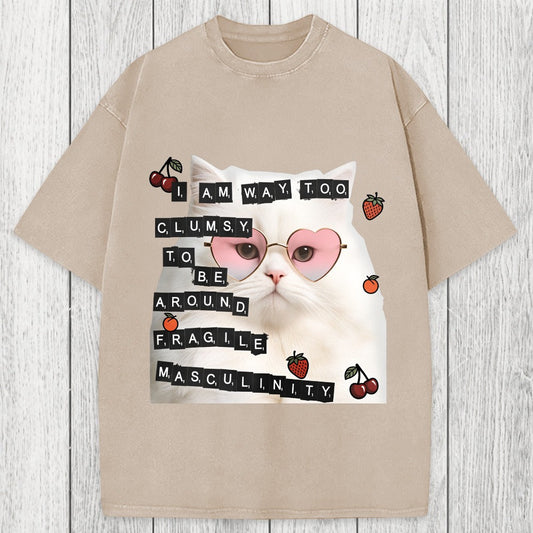 Tokyosol Funny Cat Fragile Masculinity Washed T-Shirt