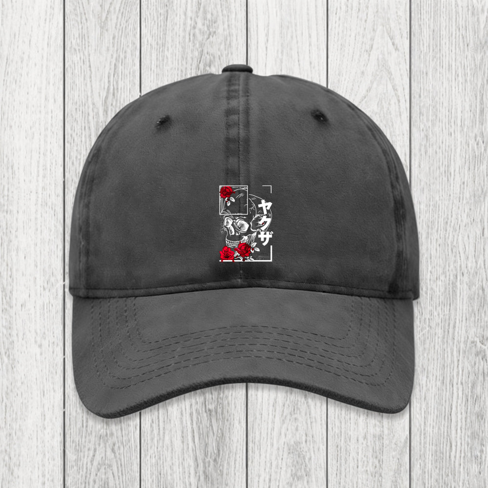 Tokyosol Skull Roses Japanese Aesthetic Washed Cap