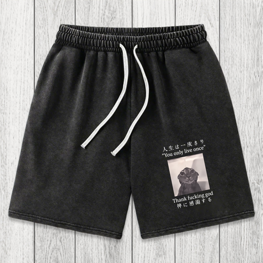Tokyosol Funny Melancholy Cat Washed Shorts