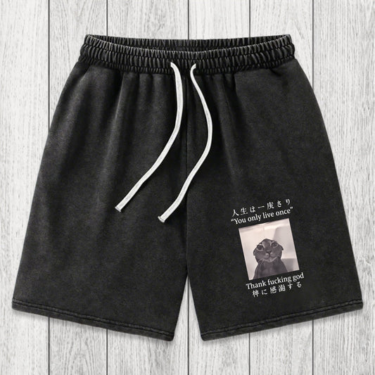 Tokyosol Funny Melancholy Cat Washed Shorts