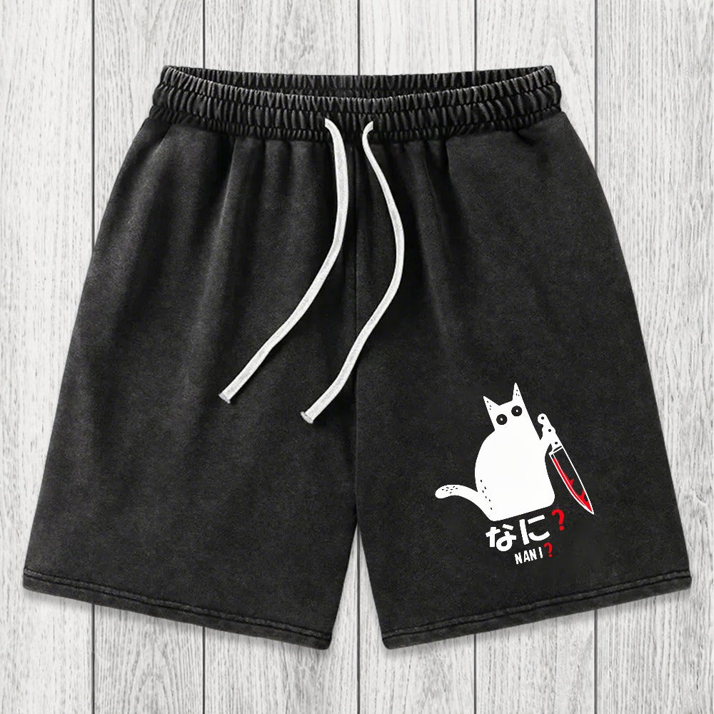 Tokyosol A Puzzled Cat Holding A Knife Washed Shorts
