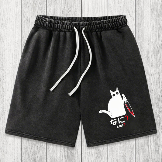 Tokyosol A Puzzled Cat Holding A Knife Washed Shorts