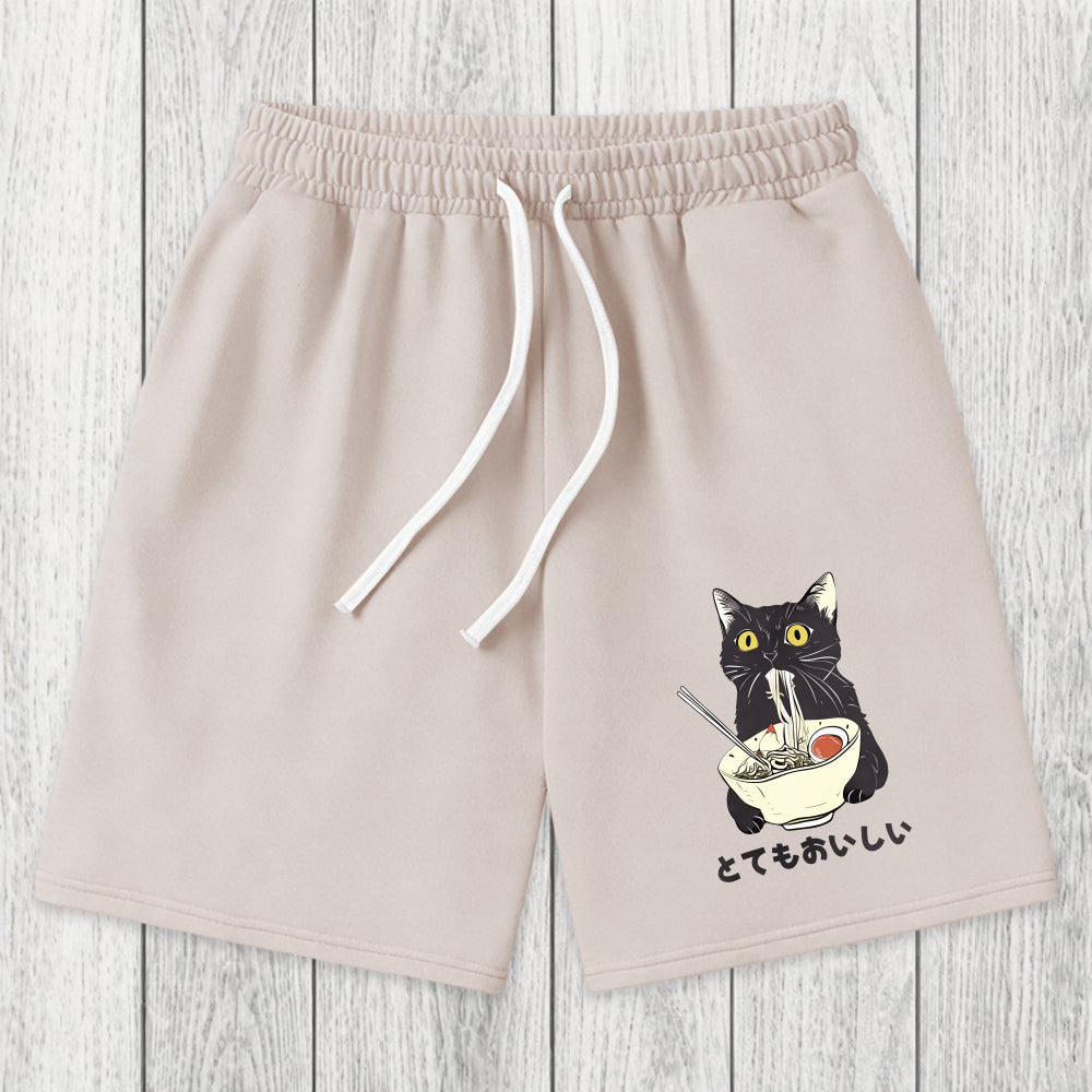 Tokyosol Cats Eat Ramen Noodles Washed Shorts