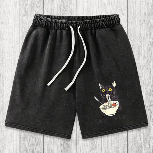 Tokyosol Cats Eat Ramen Noodles Washed Shorts