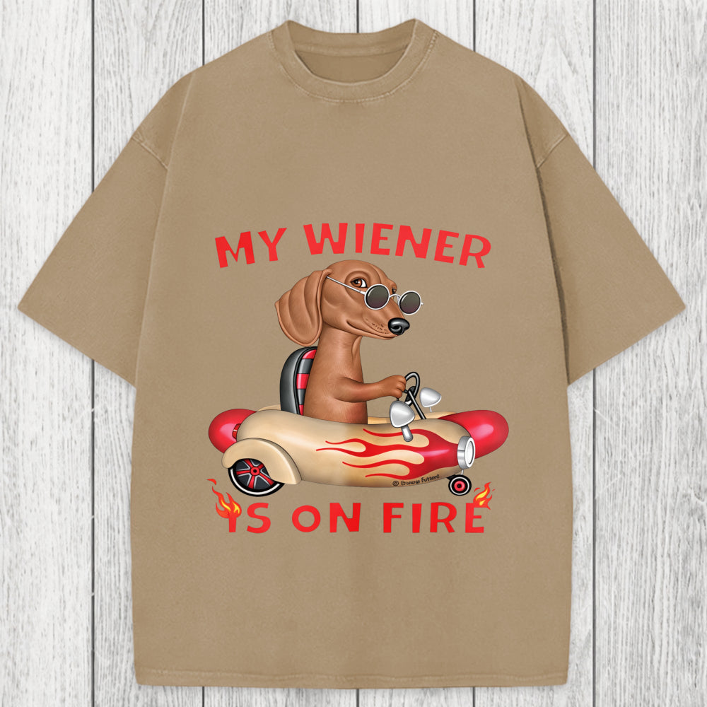 Tokyosol My Wiener Is On Fire Funny Dog Washed T-Shirt