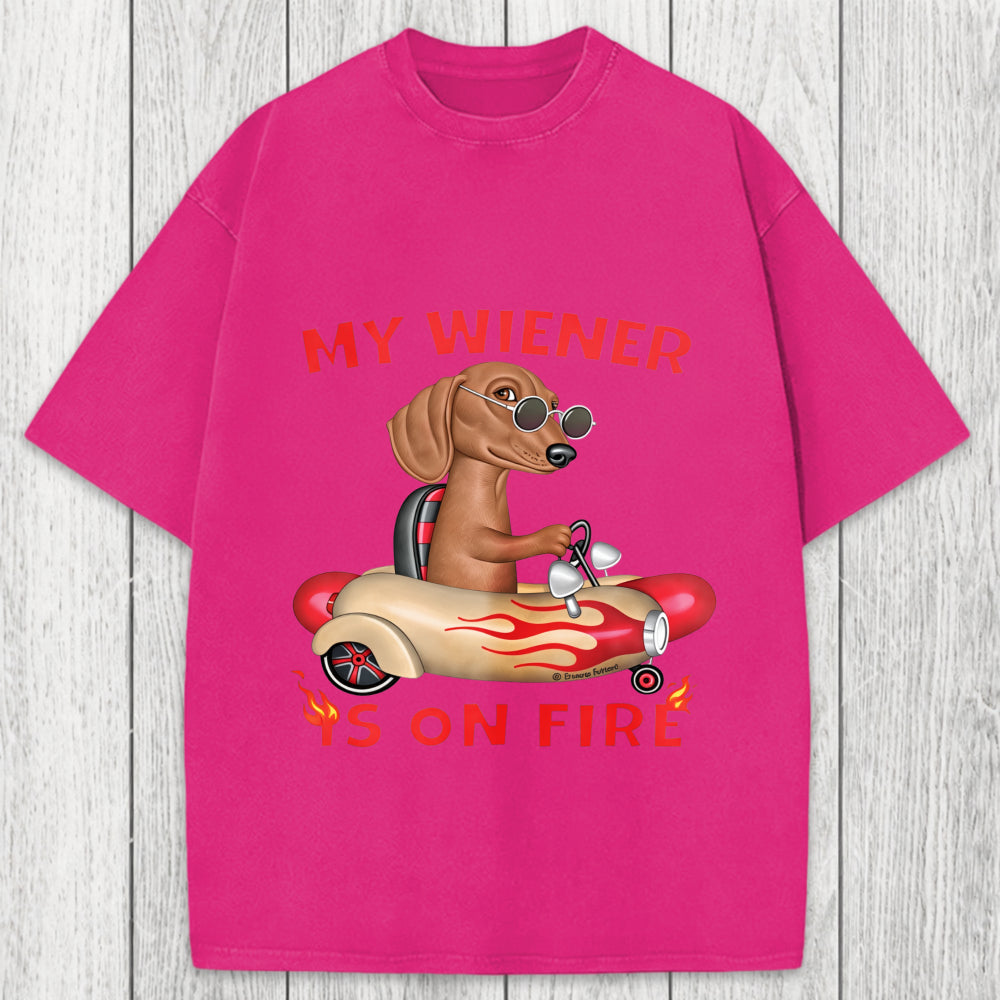 Tokyosol My Wiener Is On Fire Funny Dog Washed T-Shirt