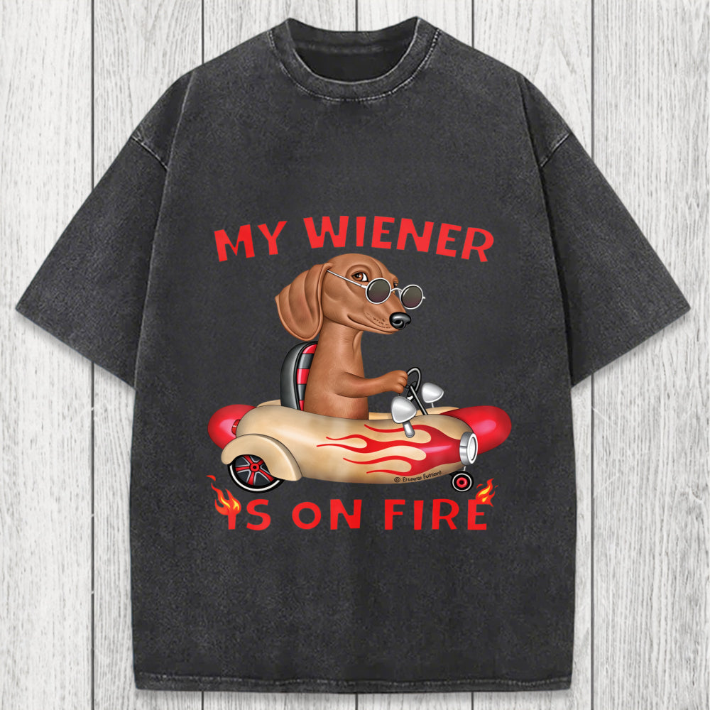 Tokyosol My Wiener Is On Fire Funny Dog Washed T-Shirt