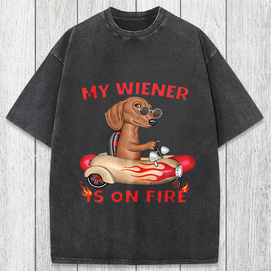 Tokyosol My Wiener Is On Fire Funny Dog Washed T-Shirt