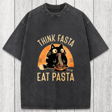 Tokyosol Think Fast Eat Pasta Funny Cat Washed T-Shirt