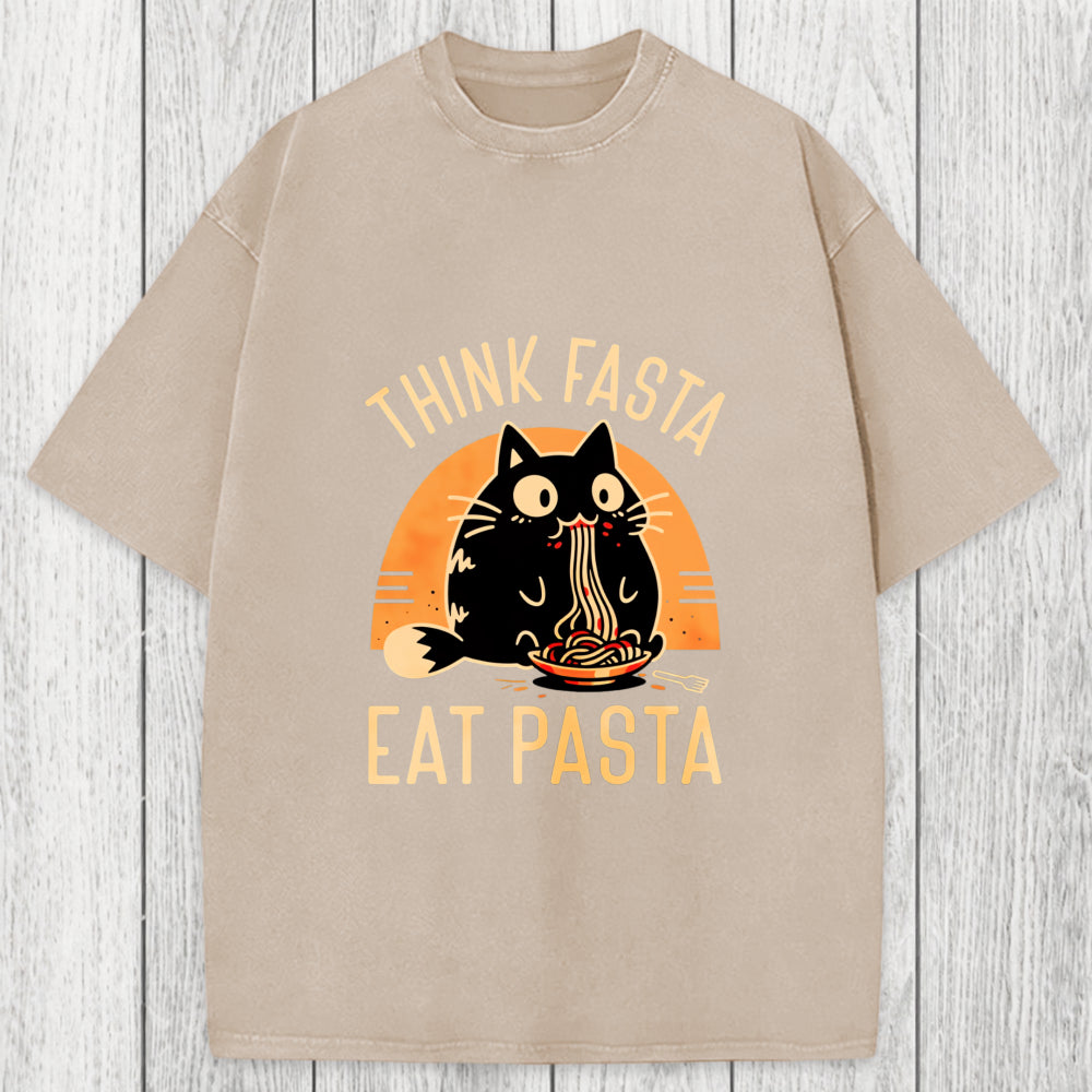 Tokyosol Think Fast Eat Pasta Funny Cat Washed T-Shirt