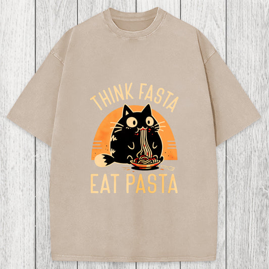 Tokyosol Think Fast Eat Pasta Funny Cat Washed T-Shirt