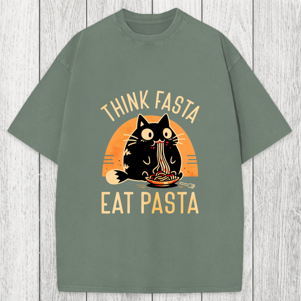 Tokyosol Think Fast Eat Pasta Funny Cat Washed T-Shirt
