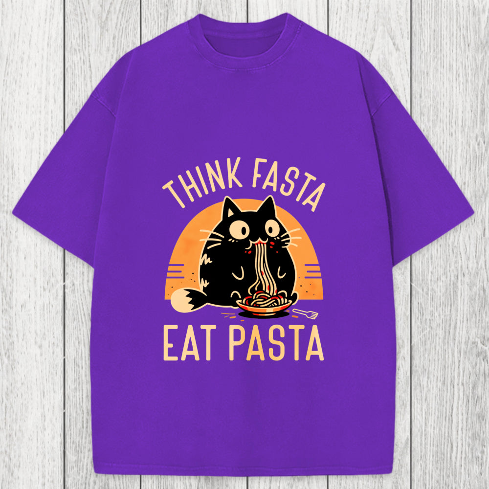 Tokyosol Think Fast Eat Pasta Funny Cat Washed T-Shirt