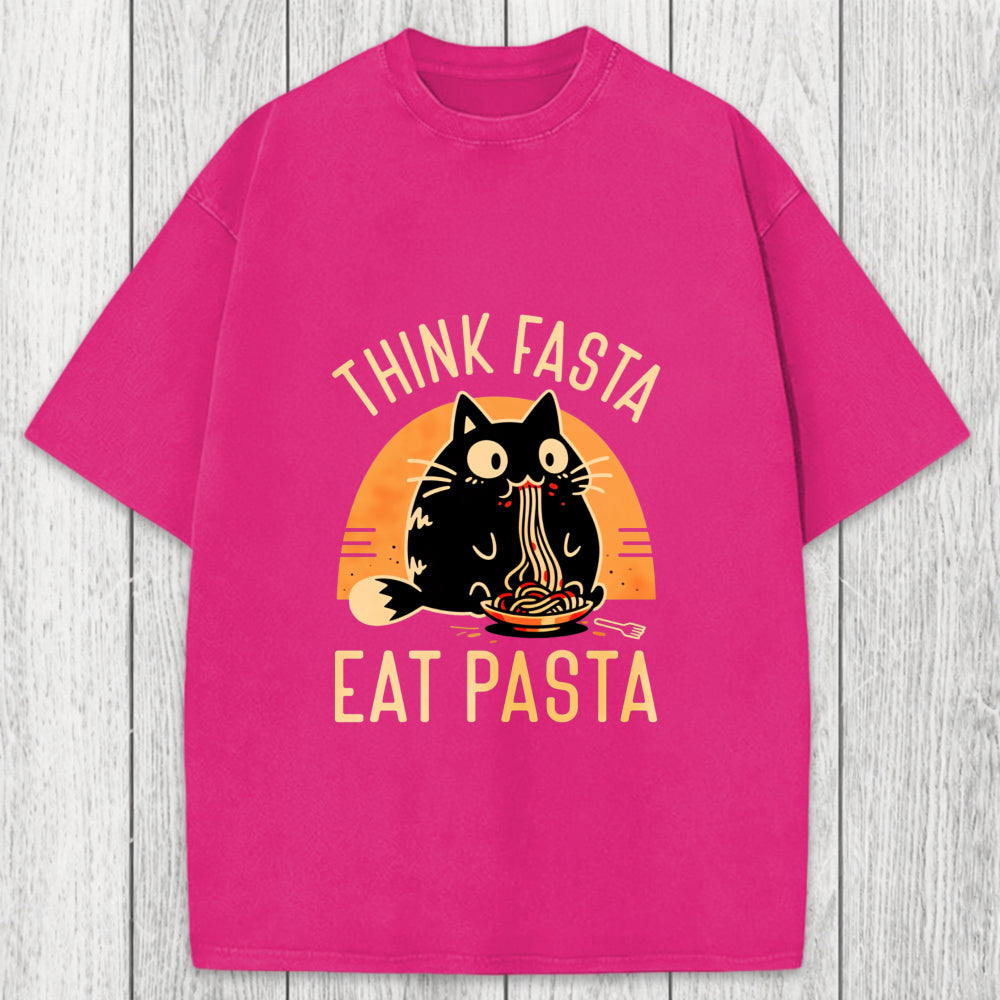 Tokyosol Think Fast Eat Pasta Funny Cat Washed T-Shirt