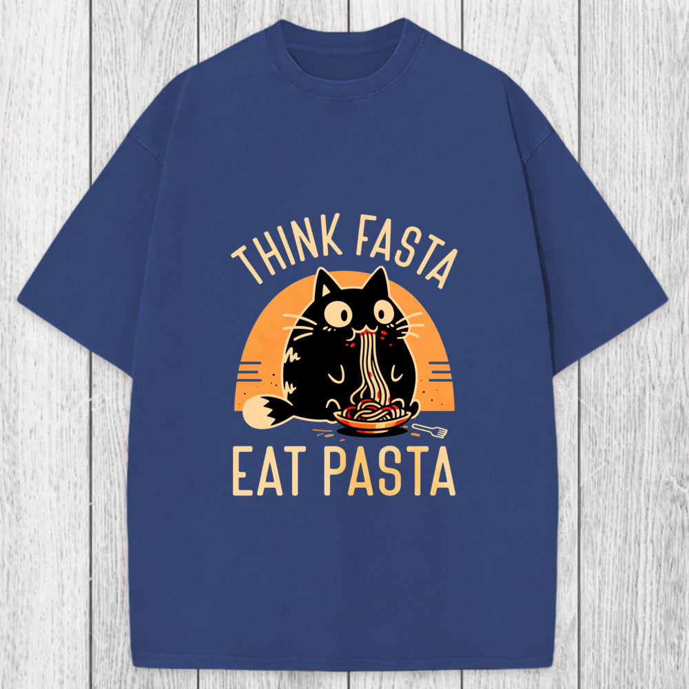 Tokyosol Think Fast Eat Pasta Funny Cat Washed T-Shirt