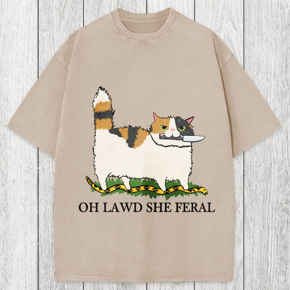 Tokyosol Oh Lawd She Feral Funny Cat Meme Washed T-Shirt