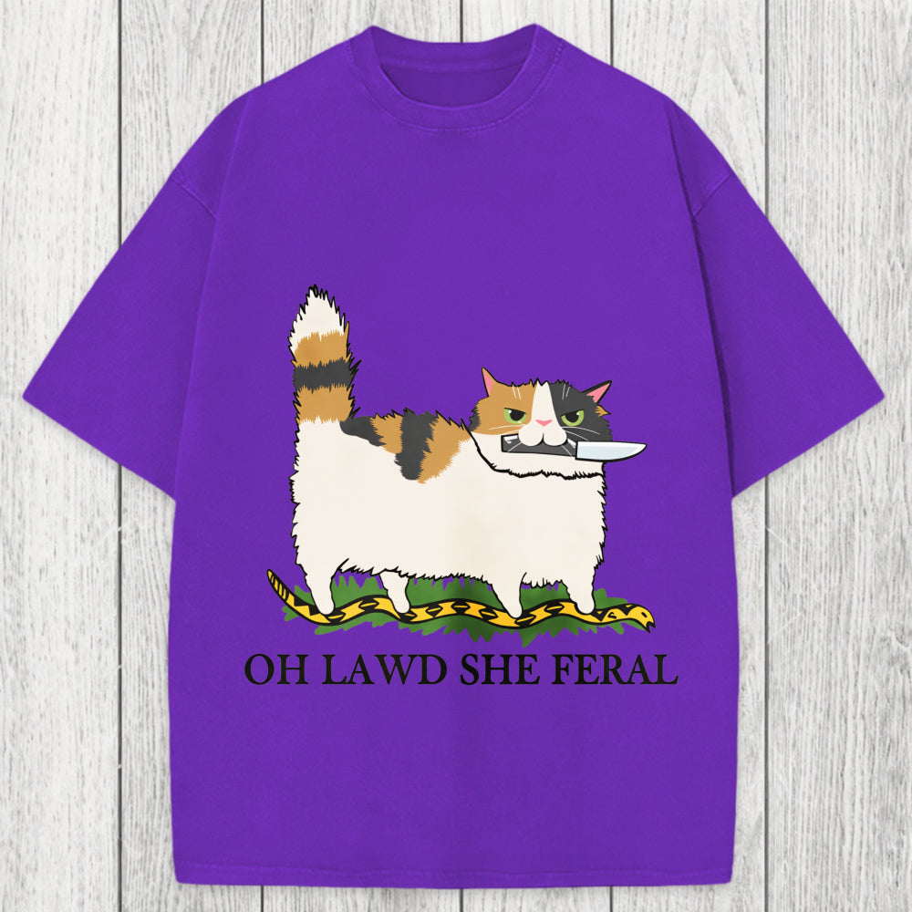 Tokyosol Oh Lawd She Feral Funny Cat Meme Washed T-Shirt