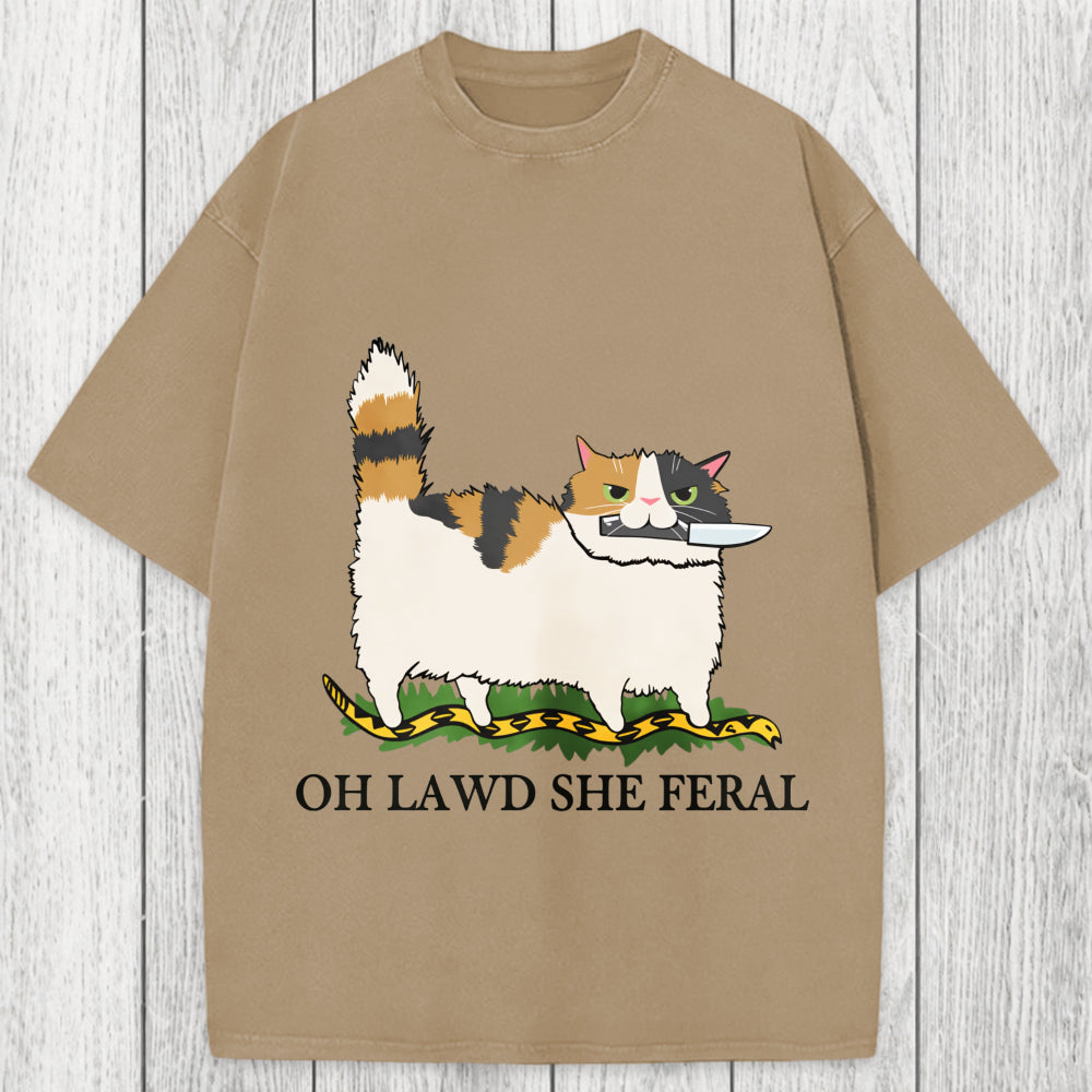 Tokyosol Oh Lawd She Feral Funny Cat Meme Washed T-Shirt
