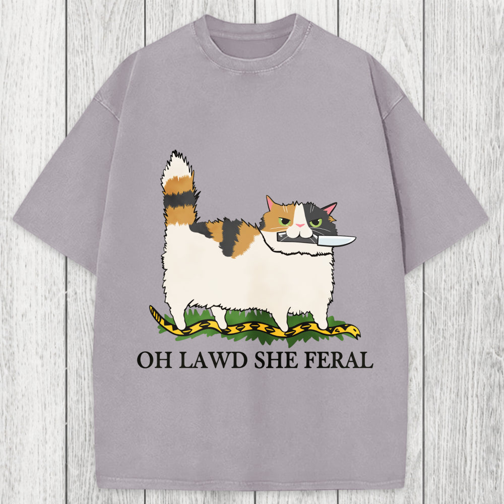 Tokyosol Oh Lawd She Feral Funny Cat Meme Washed T-Shirt