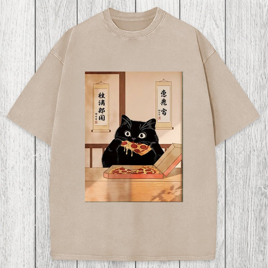 Tokyosol Black Cat Pizza Ukiyo-e Washed T-Shirt