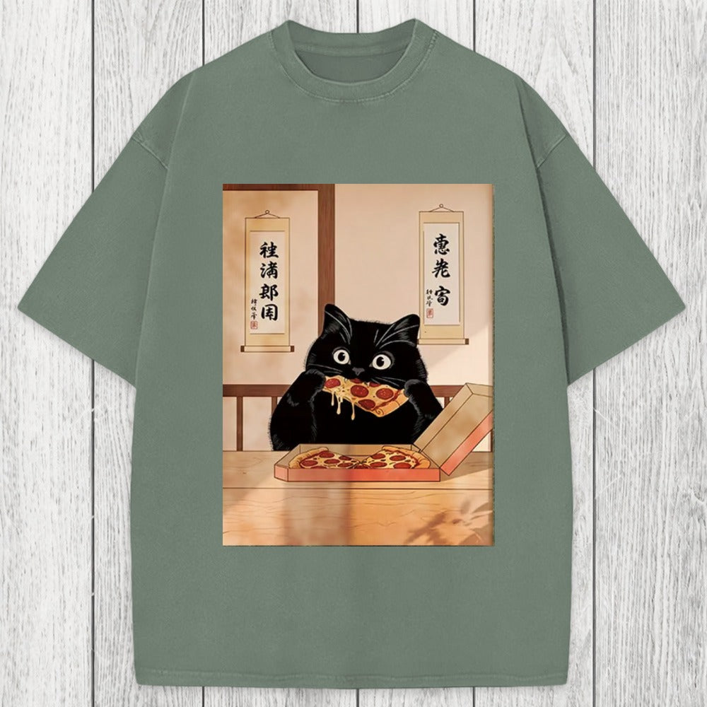 Tokyosol Black Cat Pizza Ukiyo-e Washed T-Shirt