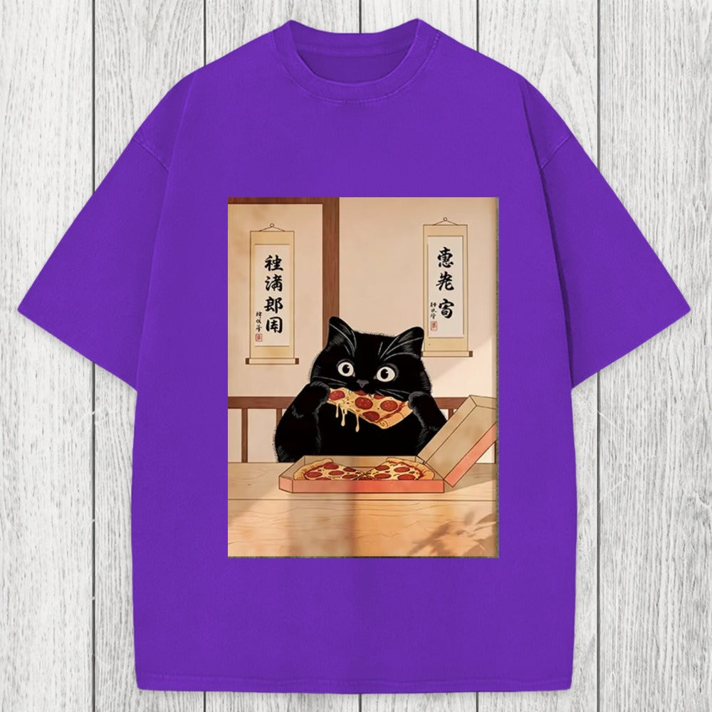 Tokyosol Black Cat Pizza Ukiyo-e Washed T-Shirt