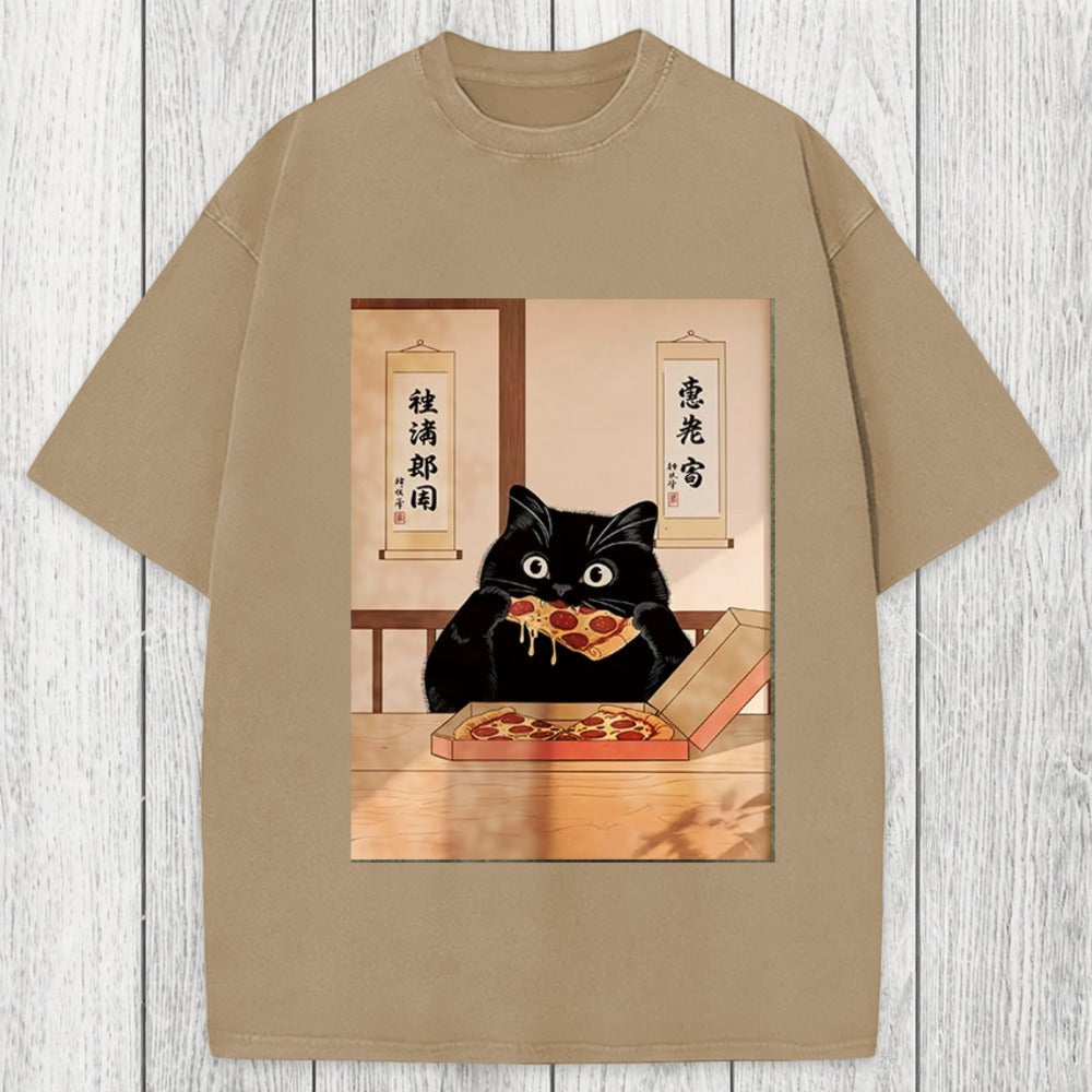 Tokyosol Black Cat Pizza Ukiyo-e Washed T-Shirt