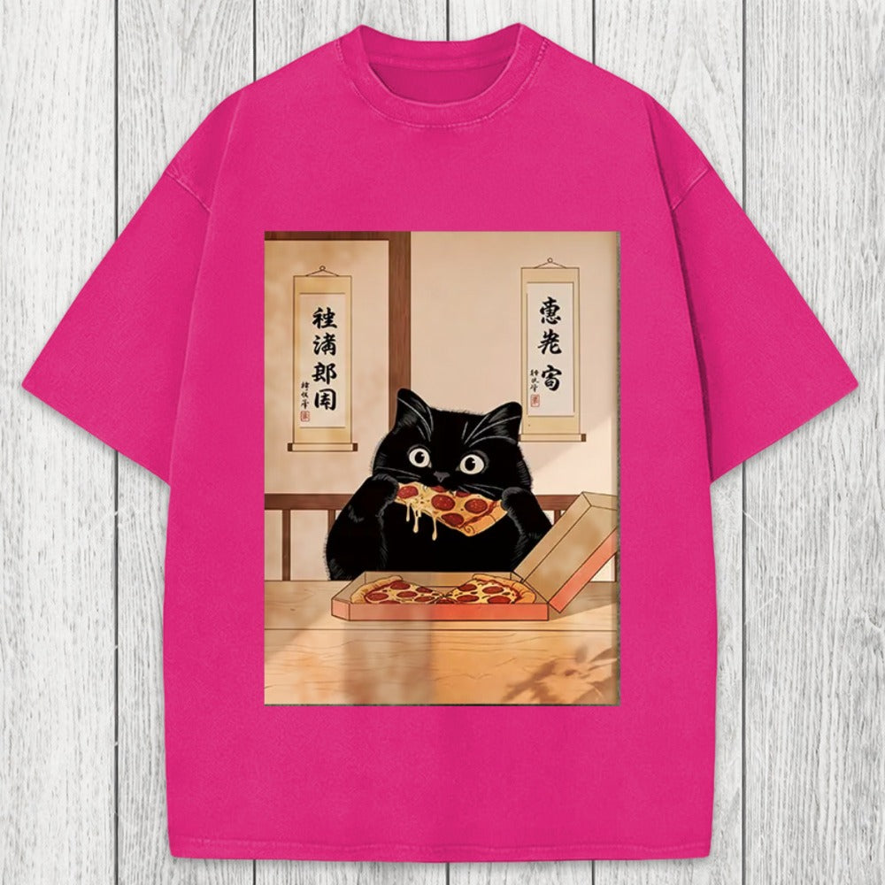 Tokyosol Black Cat Pizza Ukiyo-e Washed T-Shirt