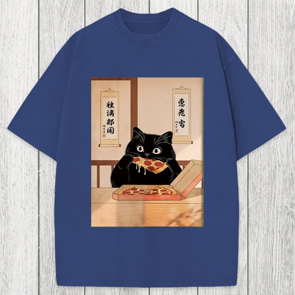 Tokyosol Black Cat Pizza Ukiyo-e Washed T-Shirt