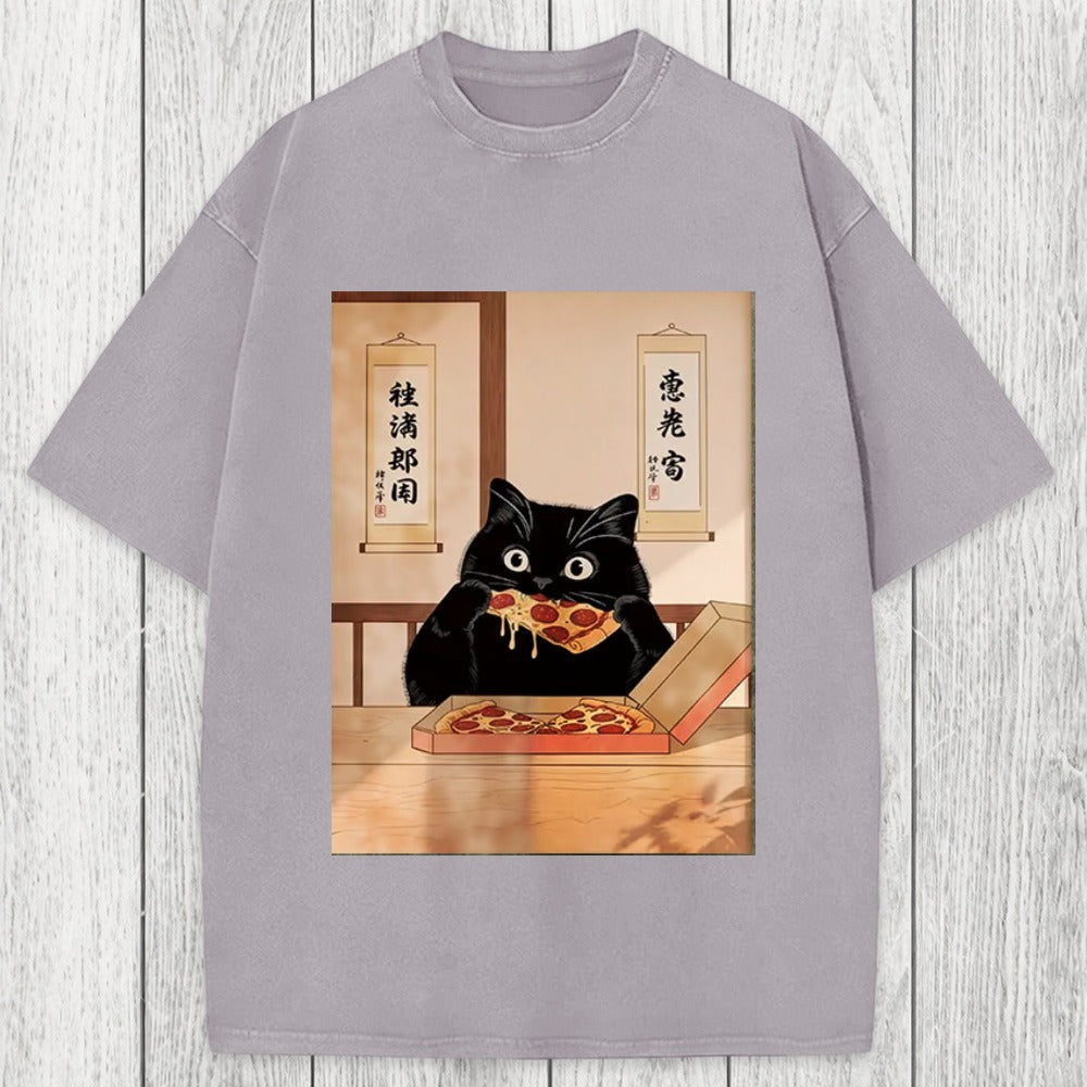 Tokyosol Black Cat Pizza Ukiyo-e Washed T-Shirt