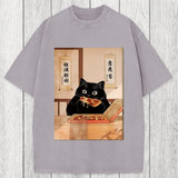 Tokyosol Black Cat Pizza Ukiyo-e Washed T-Shirt