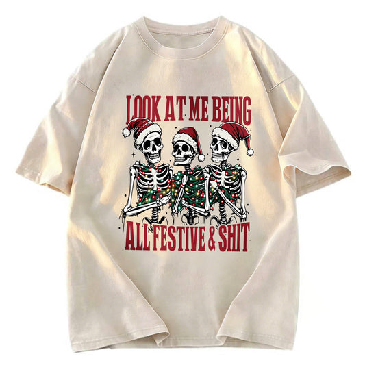Tokyosol Funny Christmas Skull Fleece Lined T-Shirt
