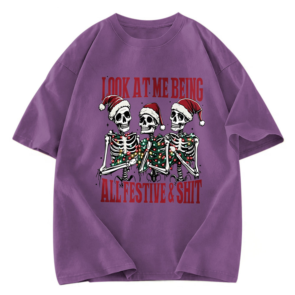 Tokyosol Funny Christmas Skull Fleece Lined T-Shirt