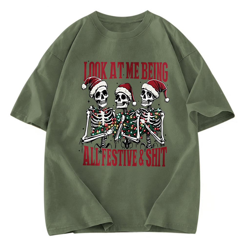 Tokyosol Funny Christmas Skull Fleece Lined T-Shirt