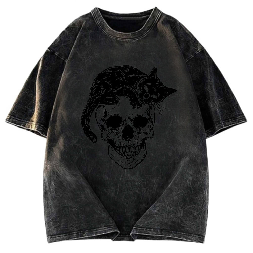 Tokyosol Cat Skull Fleece Lined T-Shirt