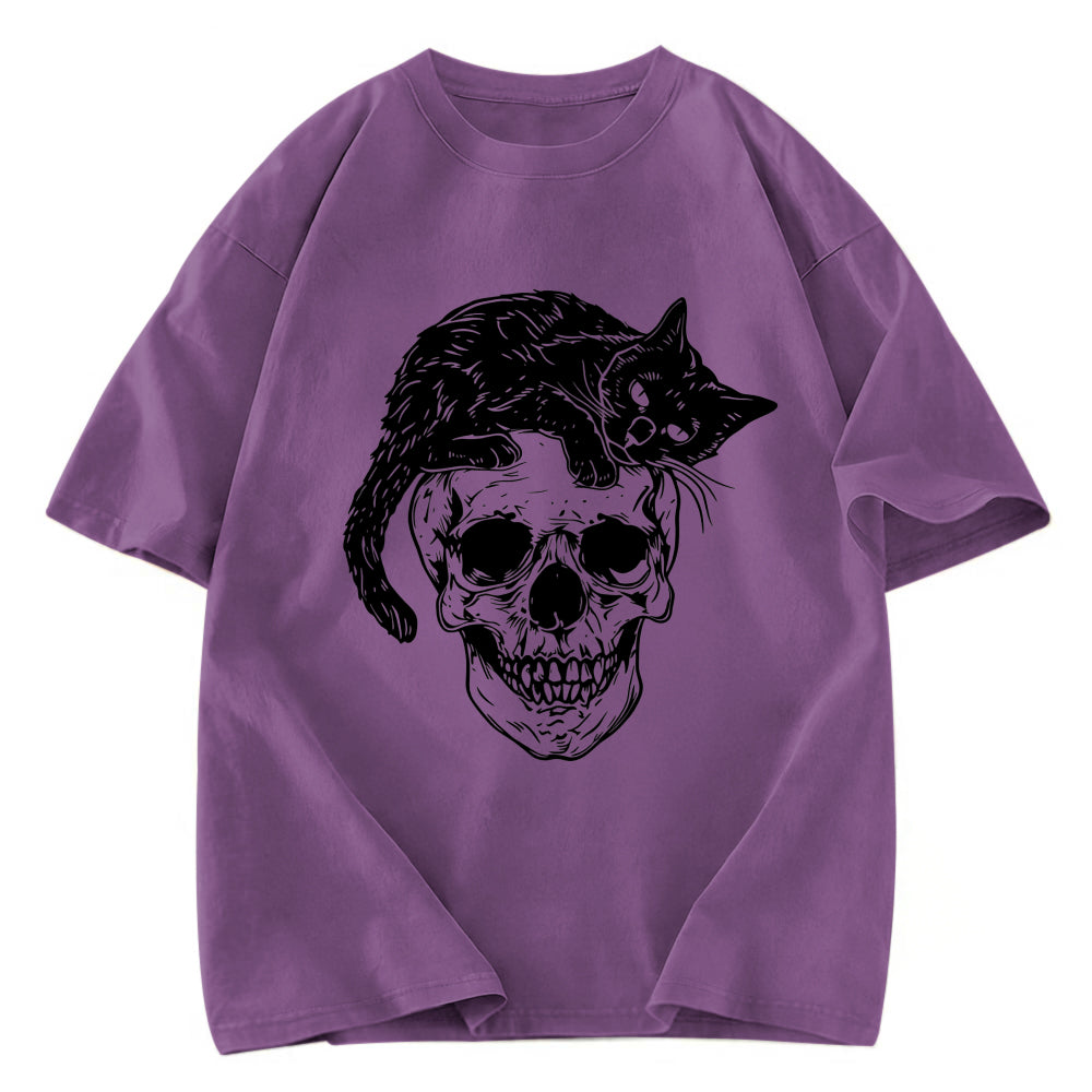 Tokyosol Cat Skull Fleece Lined T-Shirt