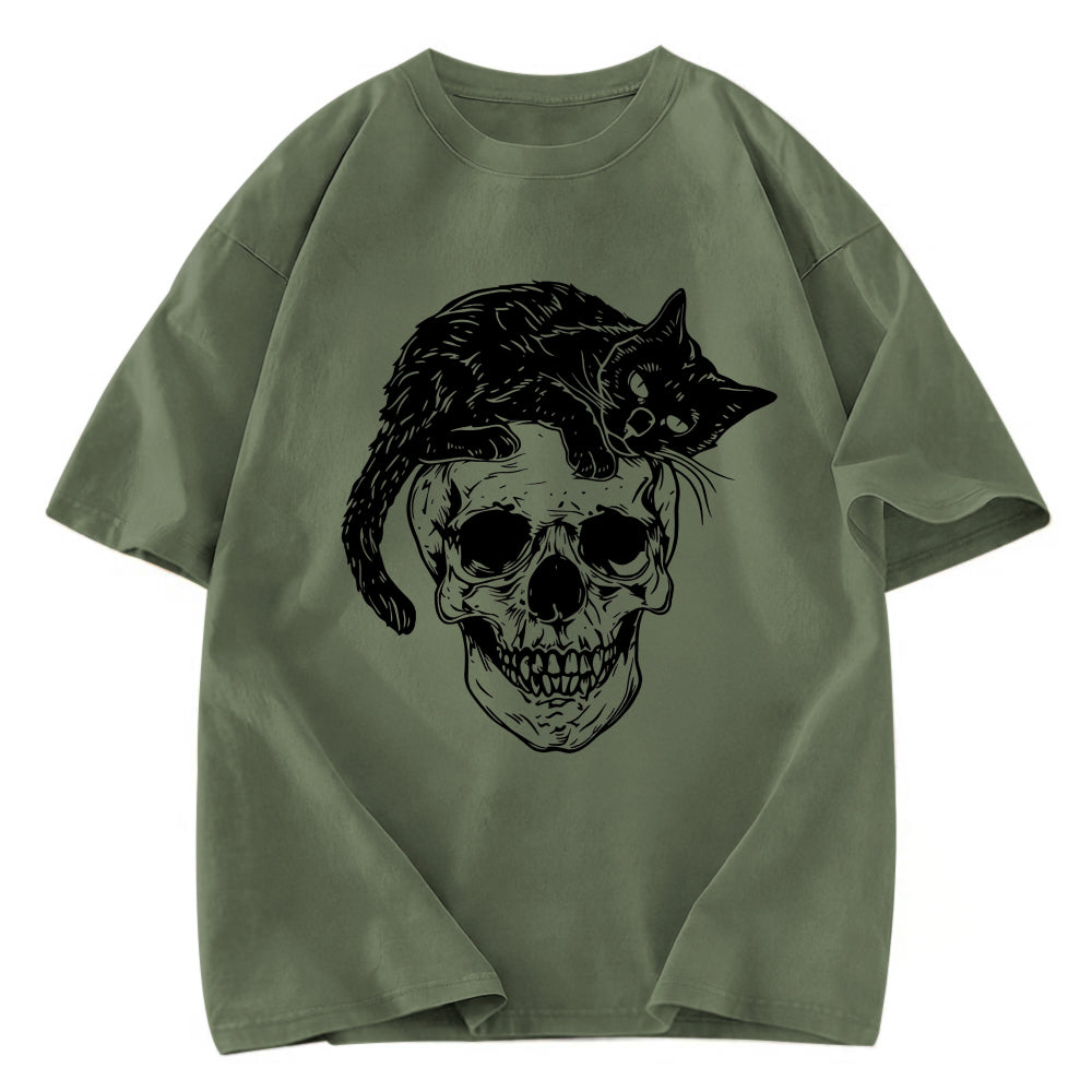 Tokyosol Cat Skull Fleece Lined T-Shirt