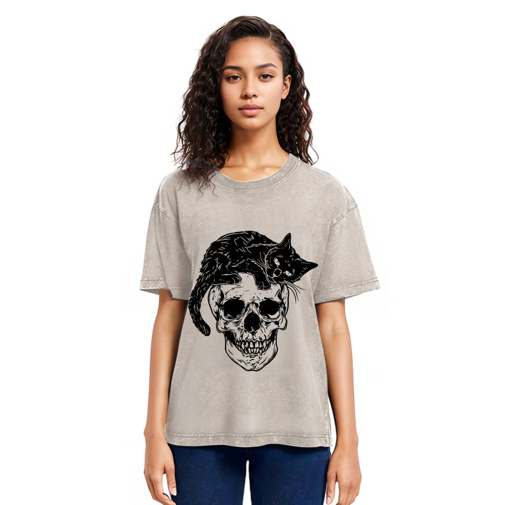 Tokyosol Cat Skull Fleece Lined T-Shirt