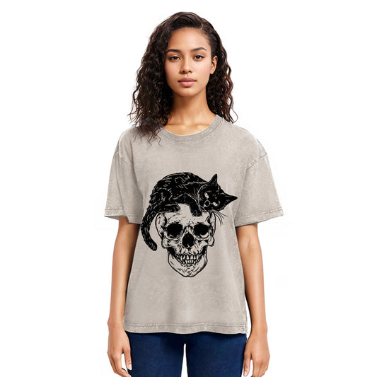 Tokyosol Cat Skull Fleece Lined T-Shirt