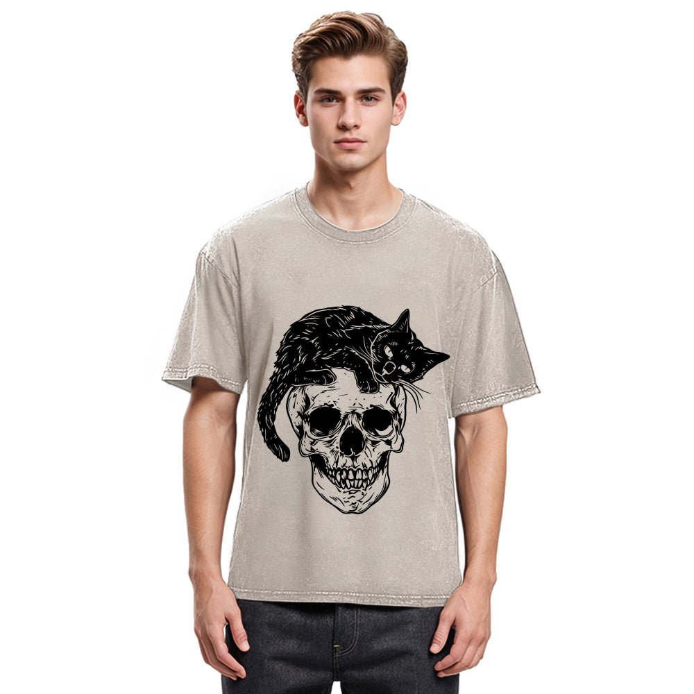 Tokyosol Cat Skull Fleece Lined T-Shirt