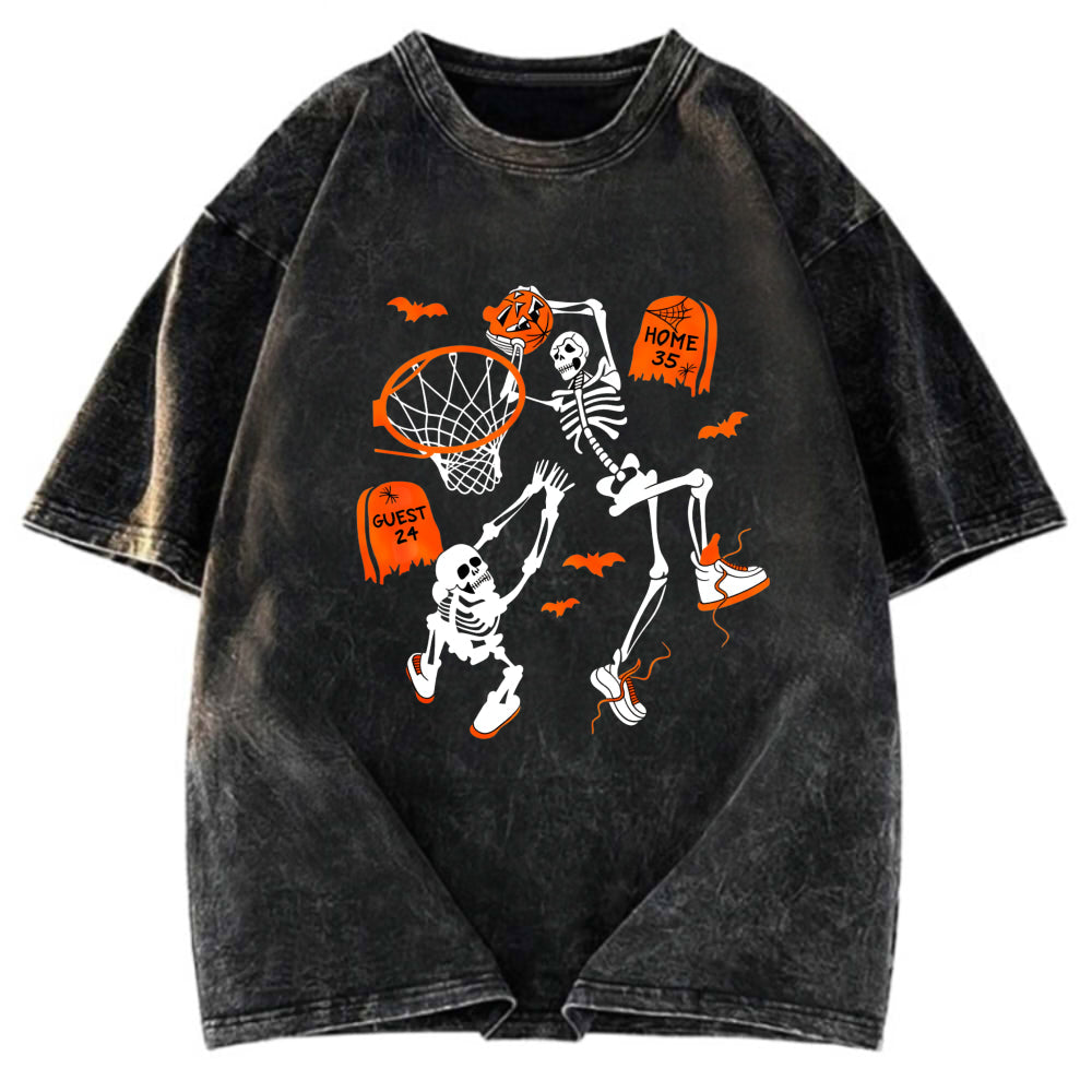Tokyosol Skeleton Dunking Basketball Halloween Washed T-Shirt