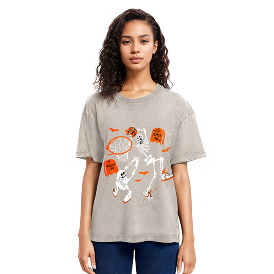Tokyosol Skeleton Dunking Basketball Halloween Washed T-Shirt