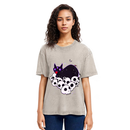 Tokyosol Cute Goth Cat Washed T-Shirt