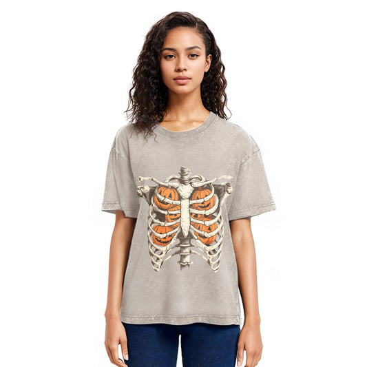 Tokyosol Halloween Skeleton Rib Vintage Washed T-Shirt