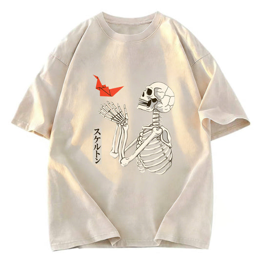 Tokyosol Flying Paper Cranes Japanese Skeleton Washed T-Shirt